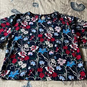 Bobeau Navy Floral Print Blouse